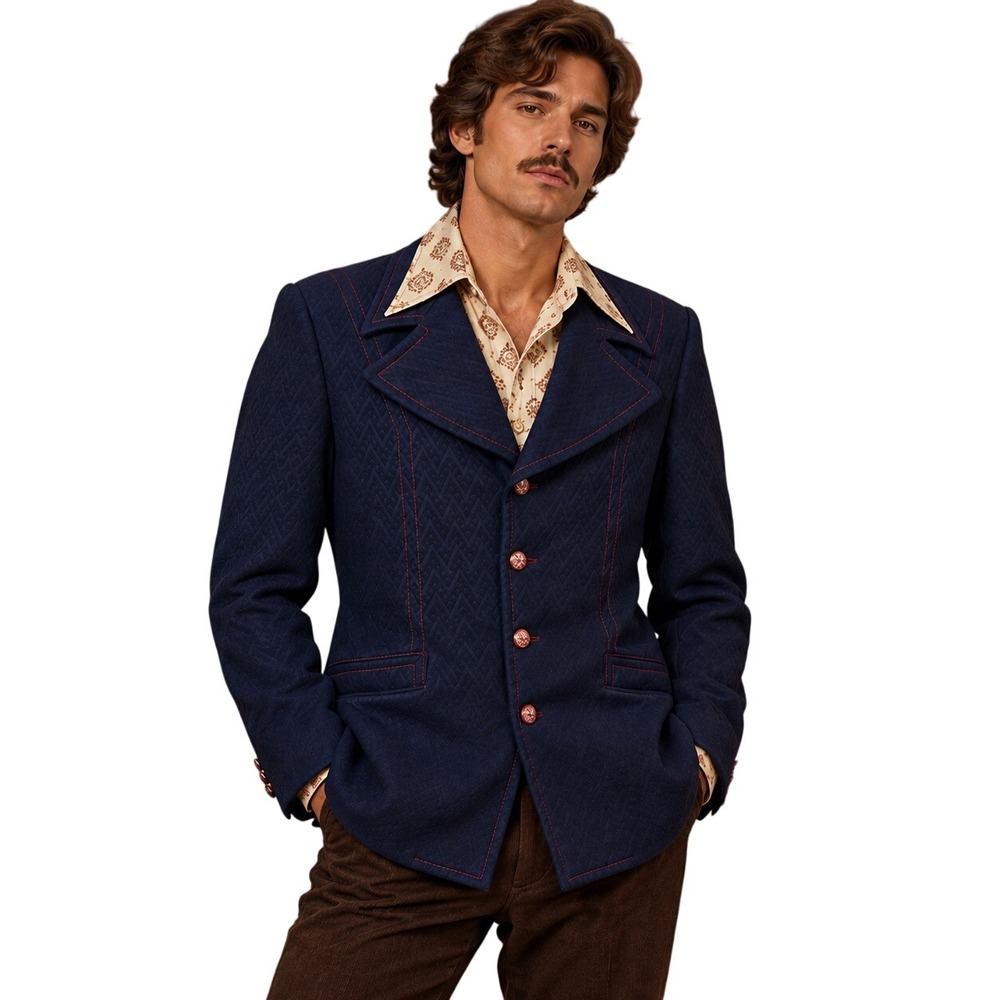 Vintage Blazer Men 42 Navy Blue 70s Double Knit Pink Stitching Disco Western Mod
